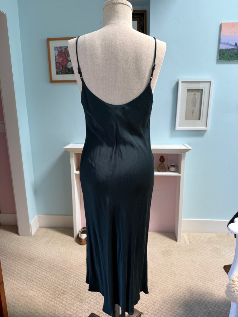 Zara forest green/ dark teal satin cowl neck midi slip dress | Size large - Picture 3 of 6